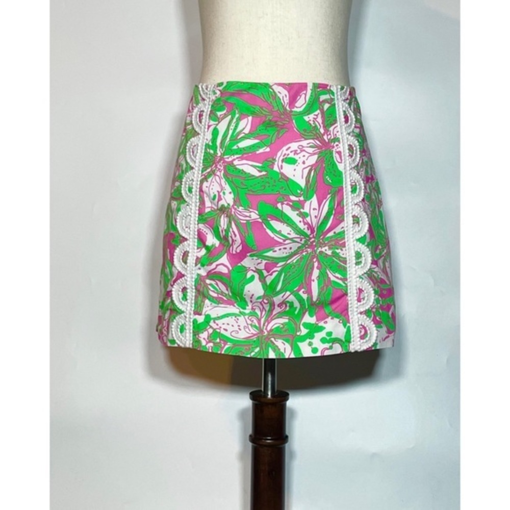 Lilly Pulitzer Pink Green Lilly Skort Jumbo Floral White Lace Shift Mini lined 2